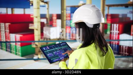 Inspecting A Cargo Ship, The Black Businesswoman Works In Logistics. Stock Photo