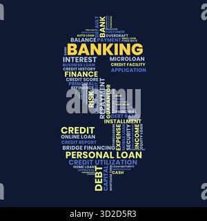 Banking and credit word cloud illustration, financial services and banking terminology in dollar sign shape Stock Vector