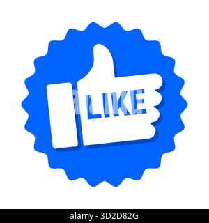 White thumbs up hand with like text on blue starburst shape vector isolated on white background symbolizing approval agreement or positive feedback Stock Vector