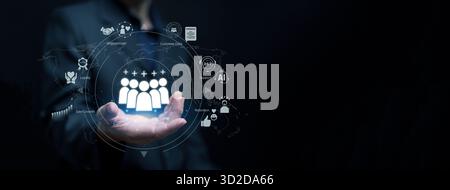CRM, customer relationship management system with customers data, service, AI automation, and engagement analytics for business success and customer r Stock Photo