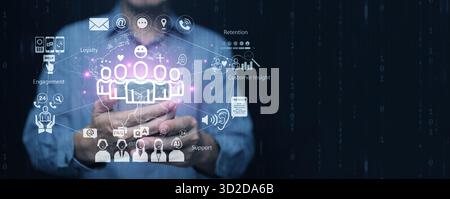 CRM, customer relationship management, system concept displaying customer data analytics, feedback, engagement strategy to enhance client satisfaction Stock Photo