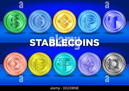 Graphic symbols of major cryptocurrencies and stablecoins fantasy tokens, vector illustration on the blue gradient background Stock Vector