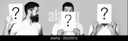 Man incognita. Man a question, anonymous, incognita. Question mark, symbol. Man with question mark. Paper notes with question marks. Black and white Stock Photo