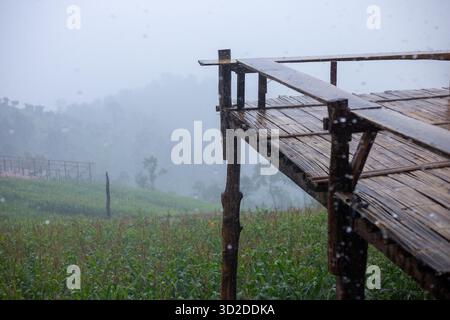 selective focus in front of the wooden hut on the mountain Heavy rain in the corn fields on the mountain There is space for text. Stock Photo
