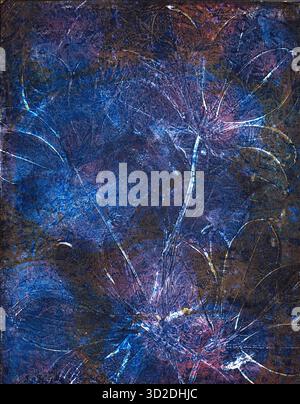 Monotype print assembled on a gelatine  plate, in blue tones Stock Photo
