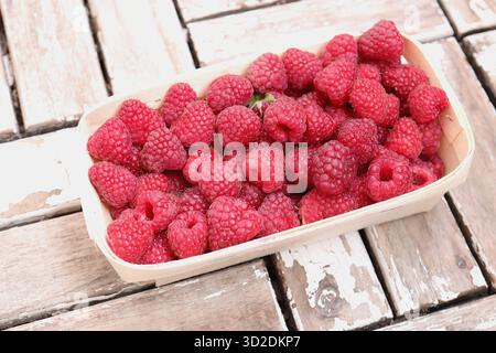 Box of raspberries on wood planks. Fresh juicy background. Stock Photo