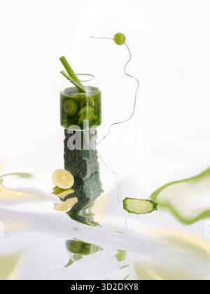 Green Detox Cucumber and Celery Juice on Abstract Stone Podium with Lime Slices Stock Photo