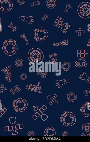 A dark navy field features repeating outlines of everyday objects such as buttons keys and tools in a tidy repeat Stock Vector