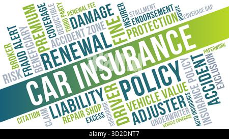 Car insurance policy word cloud, green and blue coverage and renewal term illustration Stock Vector
