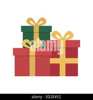 Three wrapped gift boxes in red and green with golden bows. Great for holiday themes, celebration graphics, and festive packaging design. Stock Vector