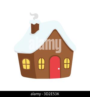 Brown cartoon house with red door, glowing windows, and snow-covered roof. A puff of smoke from the chimney adds warmth. Great for winter, holiday, an Stock Vector