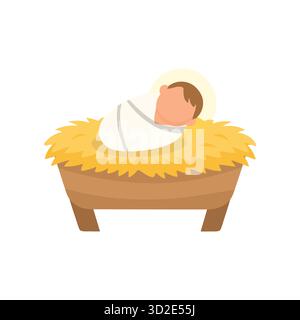Cartoon-style baby Jesus wrapped in white cloth, lying in a straw-filled manger. Ideal for religious Christmas designs and nativity scenes. Stock Vector