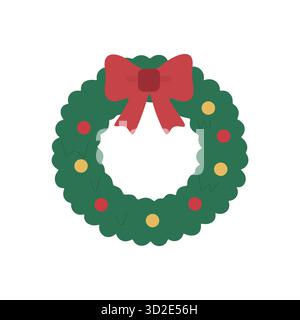 Green Christmas wreath with scalloped edge, decorated with red and yellow baubles and a red bow. Perfect for holiday design and seasonal celebration t Stock Vector
