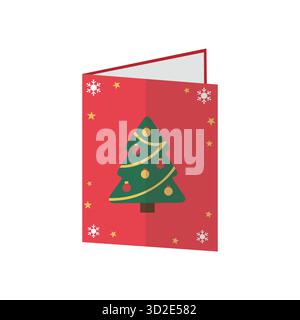 Red holiday card featuring a Christmas tree, ornaments, stars, and snowflakes. Ideal for festive messages, seasonal greetings, and holiday designs Stock Vector
