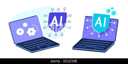 Artificial intelligence assistant on laptop screen. AI technology concept. CPU microchip vector illustration Stock Vector
