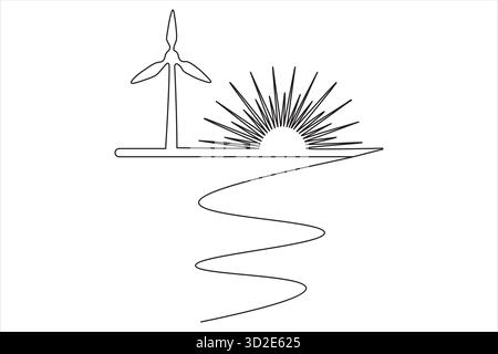 Wind power generator line drawing clean energy minimal outline vector illustration Stock Vector