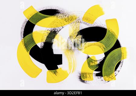 Beautiful abstract art background with abstract curved lines, black and yellow circles on a white background. strokes with an artistic brush of paint Stock Photo