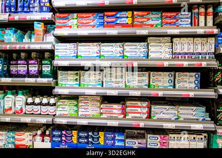London UK, November 01 2025, Selection of Dental Or Oral Hygiene Supermarket Products Stock Photo