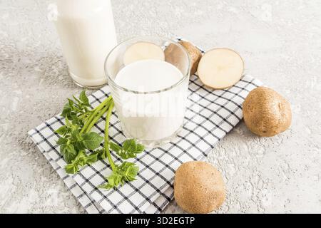 A glass of vegetable milk from potato tubers on a cloth towel and a gray concrete background with potato tubers and a bottle of milk Stock Photo