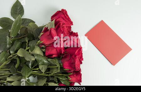 A large bouquet of beautiful red roses on a white background with a postcard for writing your text. festive composition Stock Photo
