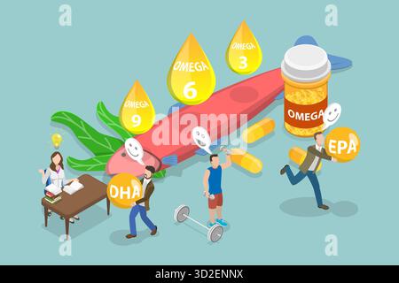 3D Isometric Flat Conceptual Illustration of Omega Fatty Acid, Healthy Fats 3D Isometric Flat Conceptual Illustration of Omega Fatty Acid, Healthy Fats Stock Photo