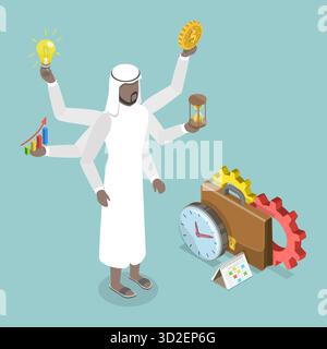3D Isometric Flat Conceptual Illustration of Multitasking, Muslim Businessman 3D Isometric Flat Conceptual Illustration of Multitasking, Muslim Businessman Stock Photo