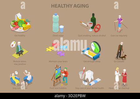 3D Isometric Flat Illustration of Healthy Aging, Physical Activity and Health Care for Elderly Senior People Stock Photo