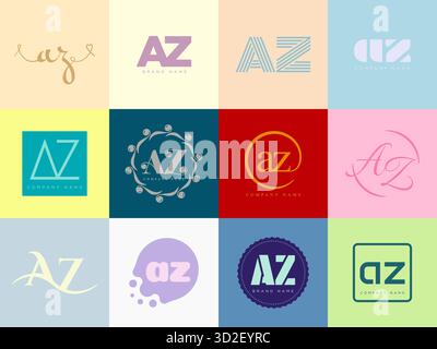 AZ logo company template. Letter a and z logotype. Set different classic serif lettering and modern bold text with design elements. Initial font typog Stock Vector