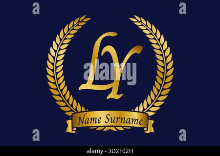 Initial letter L and Y, LY monogram logo design with laurel wreath. Luxury golden emblem with calligraphy font. Stock Vector