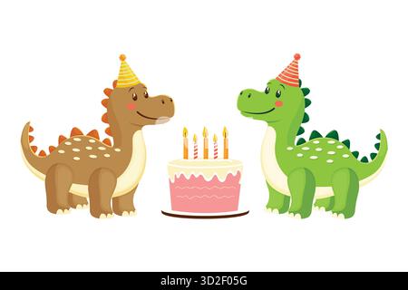 Two Cute Cartoon Dinosaurs with Birthday Cake Isolated Vector. Stock Vector