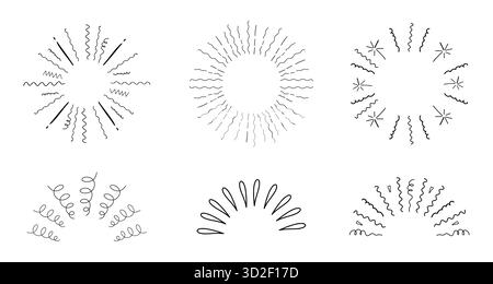 Radial firework burst line set confetti and lines hand drawn doodle. Sunbeam, party decoration, comic minimal spark. Explosion with Radial stripes. Vector illustration Stock Vector
