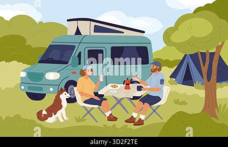 Camper on nature. Happy couple with dog on summer vacation, camping in nature, picnic in meadow, people resting, holiday travel adventure cartoon flat Stock Vector