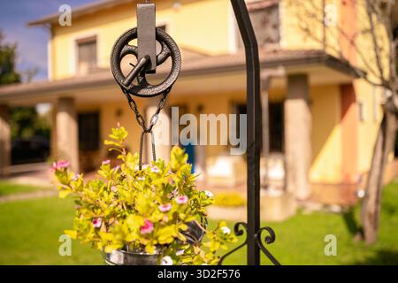 Rustic iron well pulley with a hanging bucket planter full of green plants and small pink flowers, decorating a sunny residential garden with a blurre Stock Photo