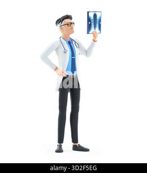 3d cartoon doctor looking at x-ray, illustration isolated on white background Stock Photo