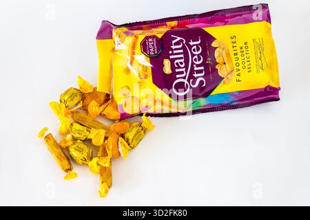 A packet of Quality Street Favourites Golden Selection.  Contains Toffee Fingers, Toffee Pennies and Caramel Swirls. Stock Photo