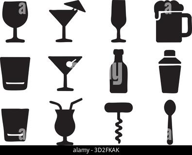 Drink and bar icon set in outline style with glasses, bottles, cocktails, shakers, and bar tools for beverage, party, and nightlife design themes Stock Vector