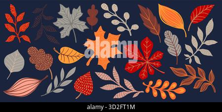 Creative minimalist hand draw Abstract art seamless pattern yellow, orange leaves sketch on purple background. design background for fashion , fabric Stock Vector