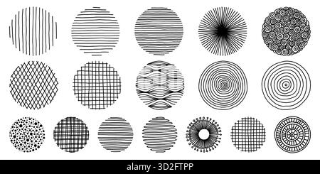 Set Of Doodle round Abstract black Backgrounds or Patterns. Hand Drawn Scribble Circle shapes Collection. Black And White. Posters, Social media Icons Stock Vector