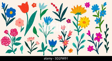Cute kid doodle crayon flowers and leaves. Hand drawn doodle sketch childish element set. children draw style blooming plants Stock Vector
