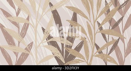 Abstract art beige colors tropical line art leaves background vector. Wallpaper design with leaves shape and scribble doodle linear leaf Stock Vector