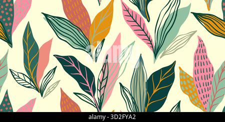 Abstract art vintage colors tropical line art leaves seamles background vector. Wallpaper design with leaves shapes and scribble doodle linear leaf Stock Vector