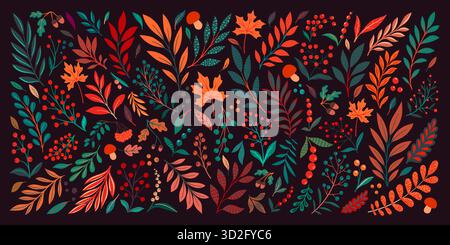 Creative minimalist hand draw Abstract art seamless pattern yellow, orange leaves sketch on purple background. design background for fashion , fabric Stock Vector