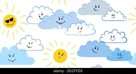 Cute hand-drawn seamless pattern with suns and clouds in a childish style. cartoon daytime sky. Weather character with smile face. Repeated print with Stock Vector