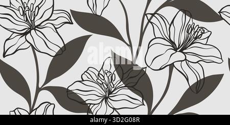 Seamless pattern of creative minimalist hand draw illustrations floral outline lily pastel black and white simple shape for wall decoration, postcard Stock Vector