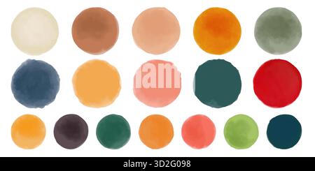 Set of colorful watercolor hand painted round shapes, stains, circles, blobs isolated on white. Elements for artistic design vintage color Stock Vector