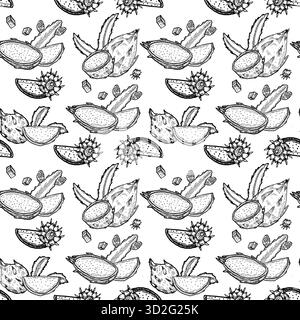Hand drawn dragon fruits pattern. Outline fresh food background. Tropical fruit summer pattern for wrapping, textile, fabric, coloring pages. Exotic f Stock Vector