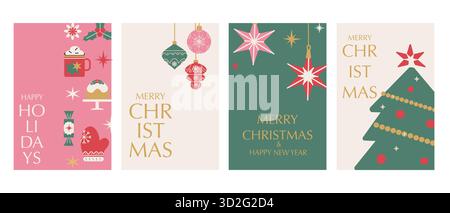 Christmas cards in modern minimalist style. Vector illustrations of xmas ornaments, stars, christmas tree, festive elements. Winter holiday background Stock Vector