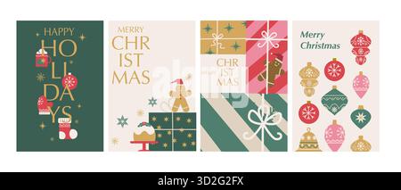 Set of Merry Christmas and Winter Holidays cards. Vector illustrations of winter drink, sock, ornaments, gifts, christmas cookie and cake. Modern mini Stock Vector