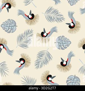 Seamless grey crowned crane bird and exotic leaves pattern Stock Vector