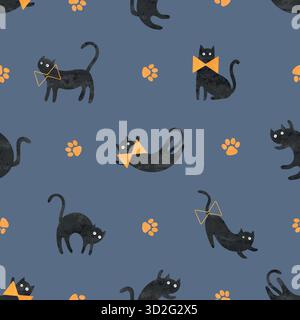Cute watercolor black cats with orange bows pattern. Halloween vector print Stock Vector